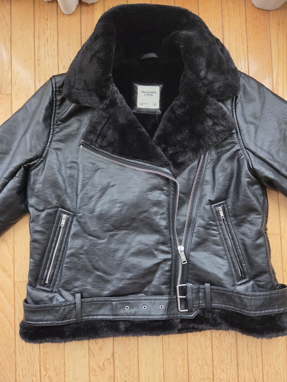 Abercrombie & Fitch Black Faux Leather Moto Jacket with Faux Fur